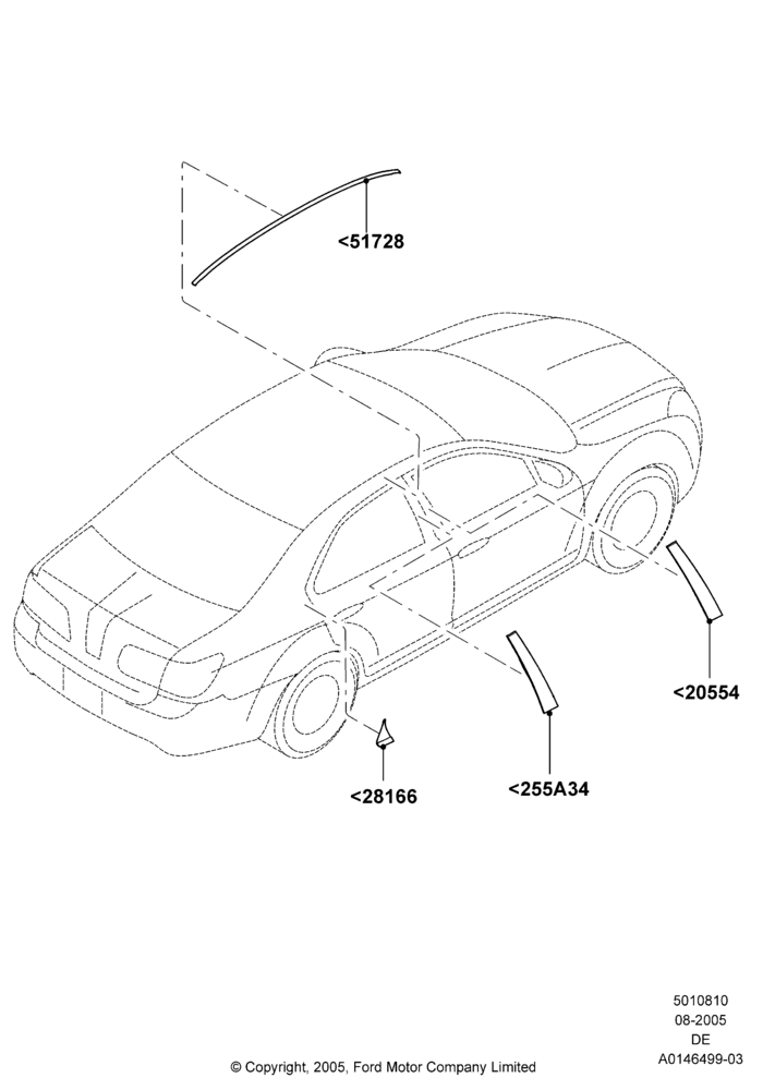 Схема Молдинги кузова, Lincoln Division Derivative; 01.08.2005–04.02.2009