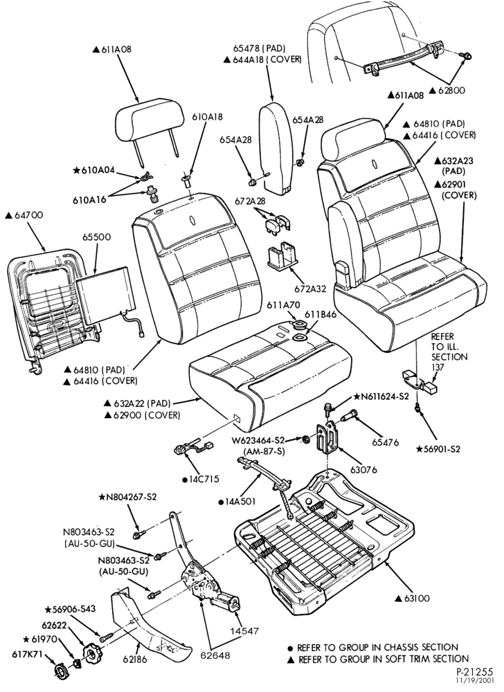 Схема SEATS AND SEAT BELTS-Front seat parts - split bench - upper half
