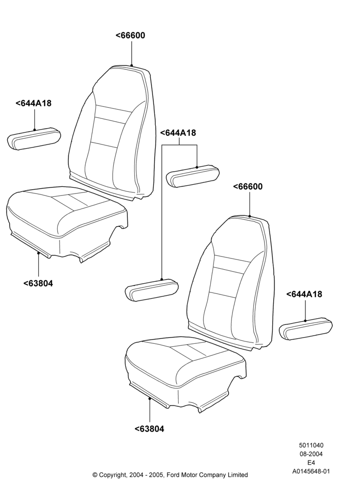 Схема Rear Seat Covers, With 2nd Row Dual Captain Chairs; 02.08.2004–06.08.2007