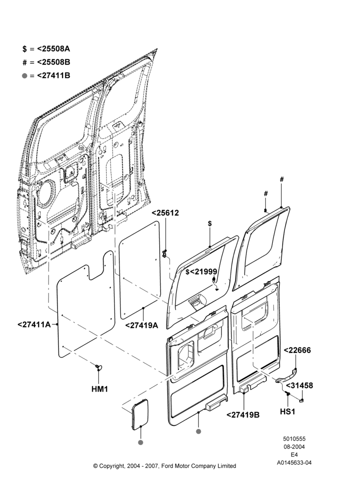 Схема Sliding Door Trim Panels, With RH Hinged Side Load Door; 02.08.2004–06.08.2007