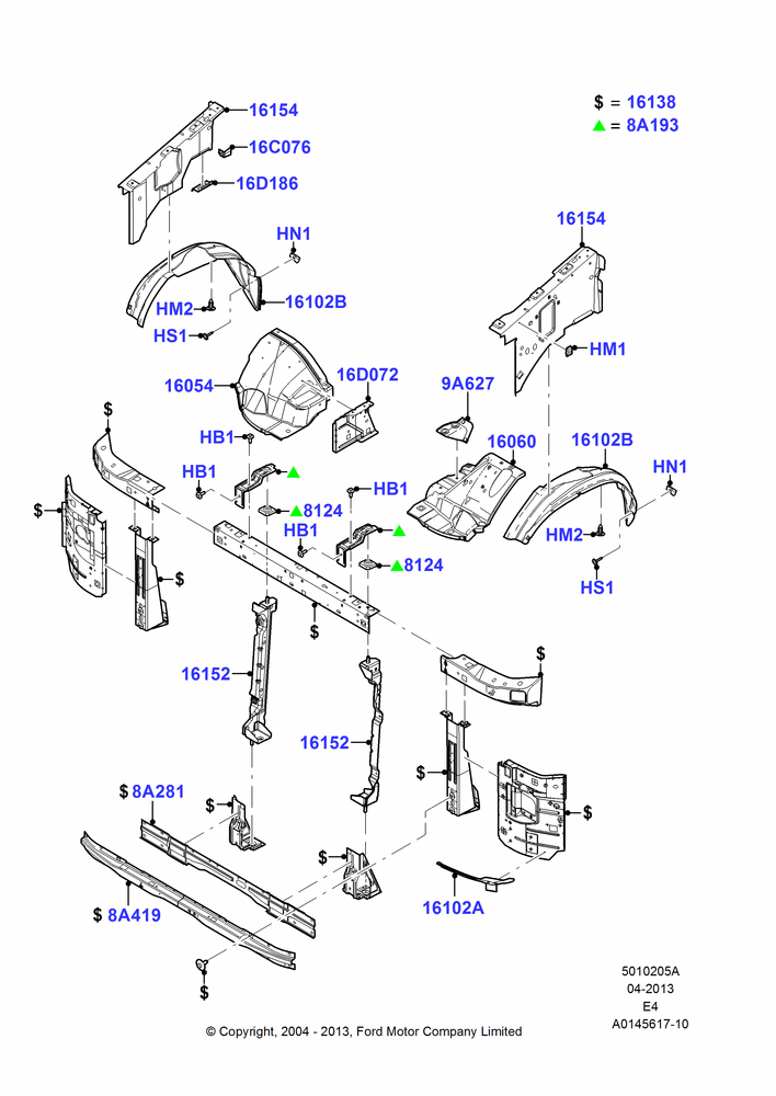 Схема Передние панели, Aprons & Side Members, Cutaway, Extended Van, Extended Wagon, Regular Van, Regular Wagon; 02.08.2004–06.08.2007
