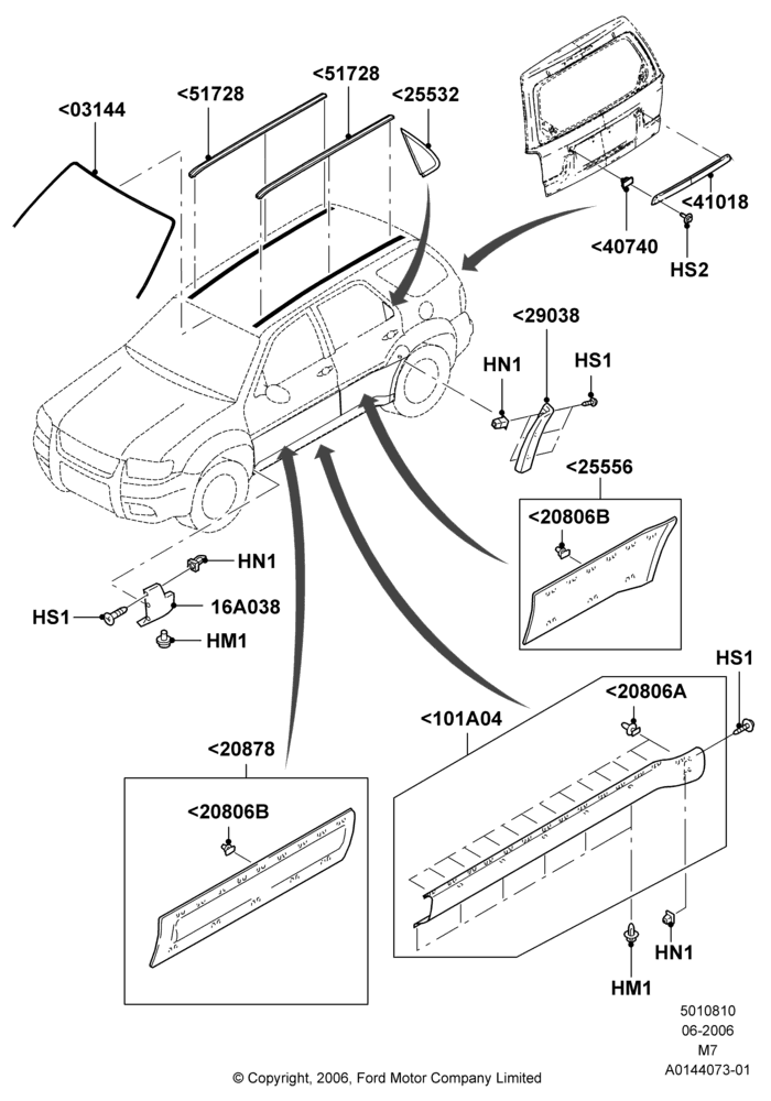 Схема Молдинги кузова, (+) North American Markets, Ford Series, Less Exterior Wheel Lip Molding; 01.05.2006–08.01.2007