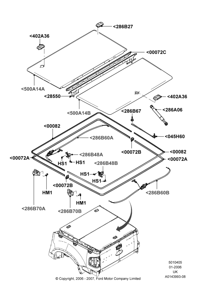 Схема Кузов пикапа и тент, Folding Hard Tonneau Cover, Production Installed; 30.01.2006–29.10.2010