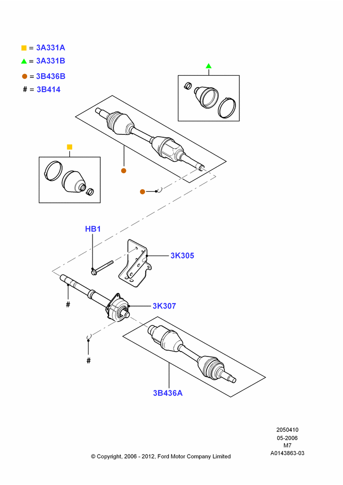Схема Приводные валы переднего моста, 2WD, 4 Speed CD4E Automatic; 01.05.2006–23.06.2008