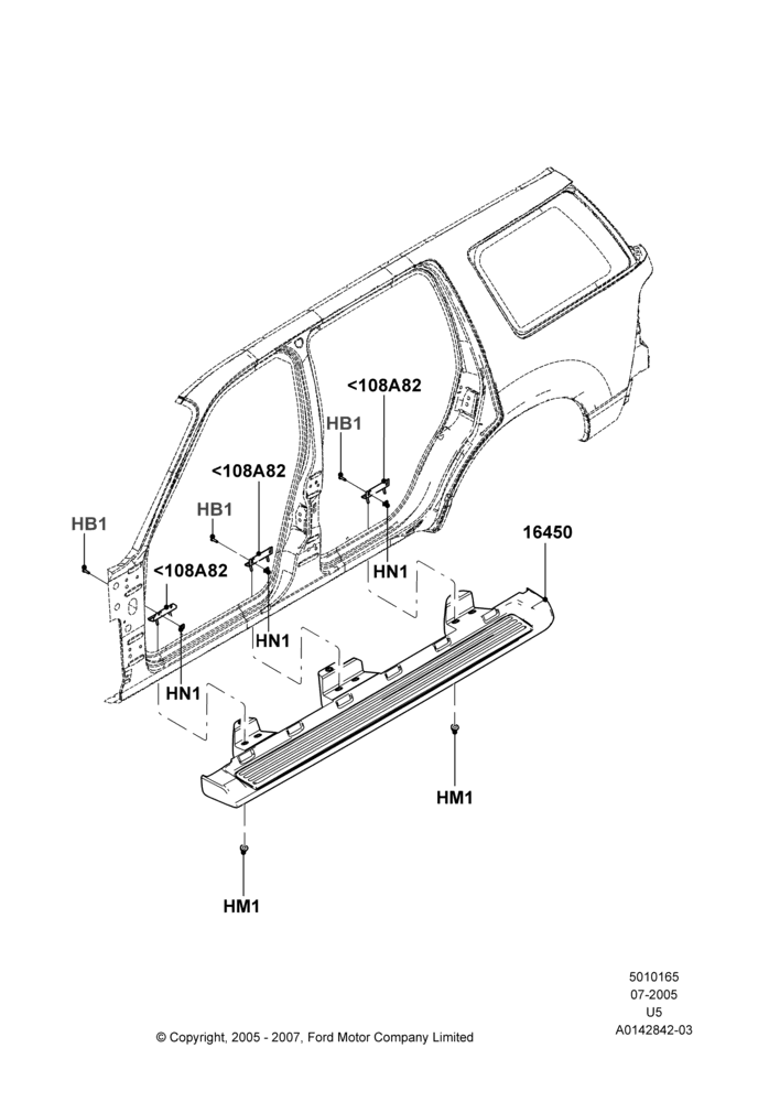Схема Подножки, Ford Series, Less Side Auxiliary Step, With Moulded Running Boards, XLT, Production Board; 19.07.2005–15.06.2009