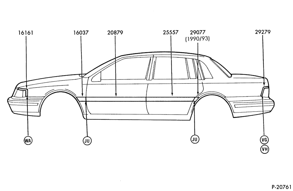 Схема LINCOLN CONTINENTAL - FRONT FENDER FRONT, LOWER BODY SIDE AND QRT REAR MOULDINGS