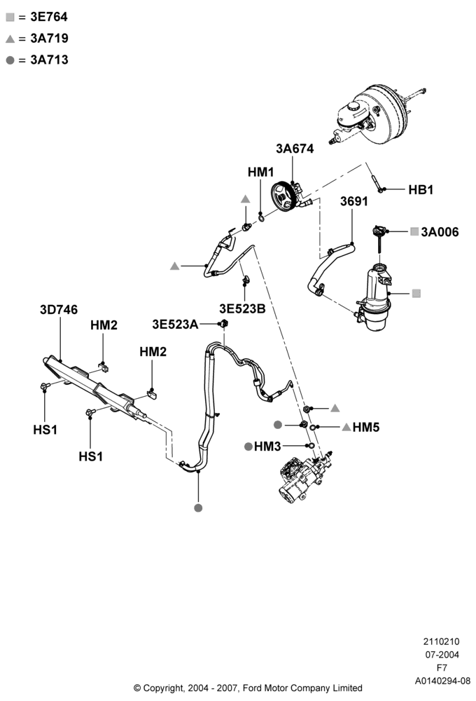 Схема Supply & Return Hoses - Power Strg, Power 4-Wheel Disc Vacuum Boost; 19.07.2004–18.12.2006
