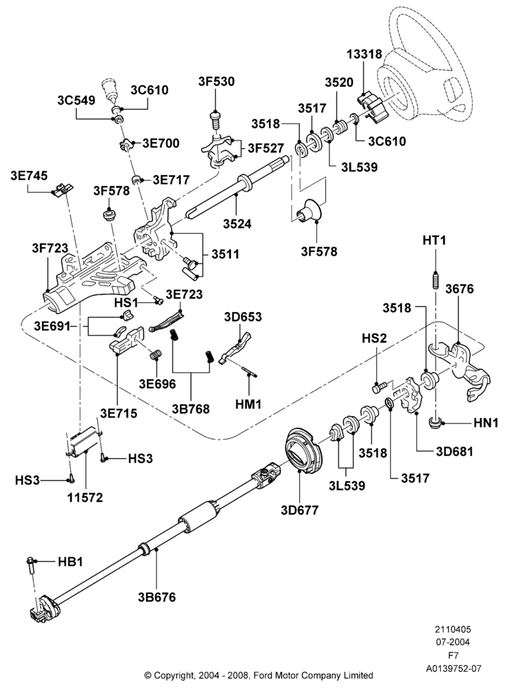 Схема Рулевая колонка, Manual Transmission, With Fixed Steering Column; 19.07.2004–18.12.2006