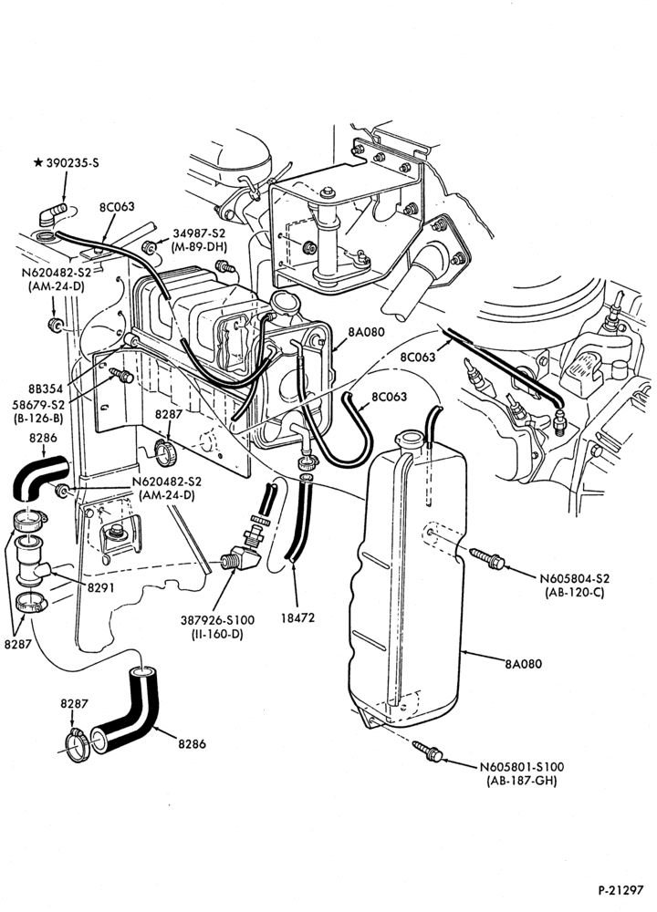 Схема COOLING SYSTEMS-Radiator reservoir and hoses - 8 cyl. 446 (7.3L) diesel-F59-Stripped Chassis
