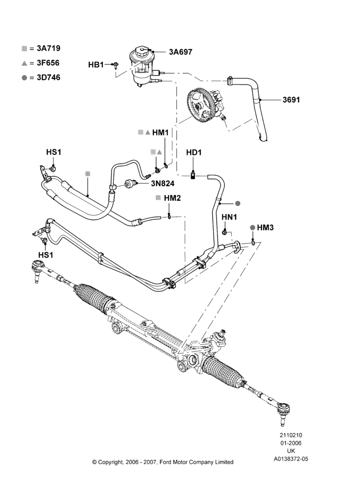 Схема Supply & Return Hoses - Power Strg, 4.0L V6 12V SOHC EFI; 30.01.2006–03.12.2007
