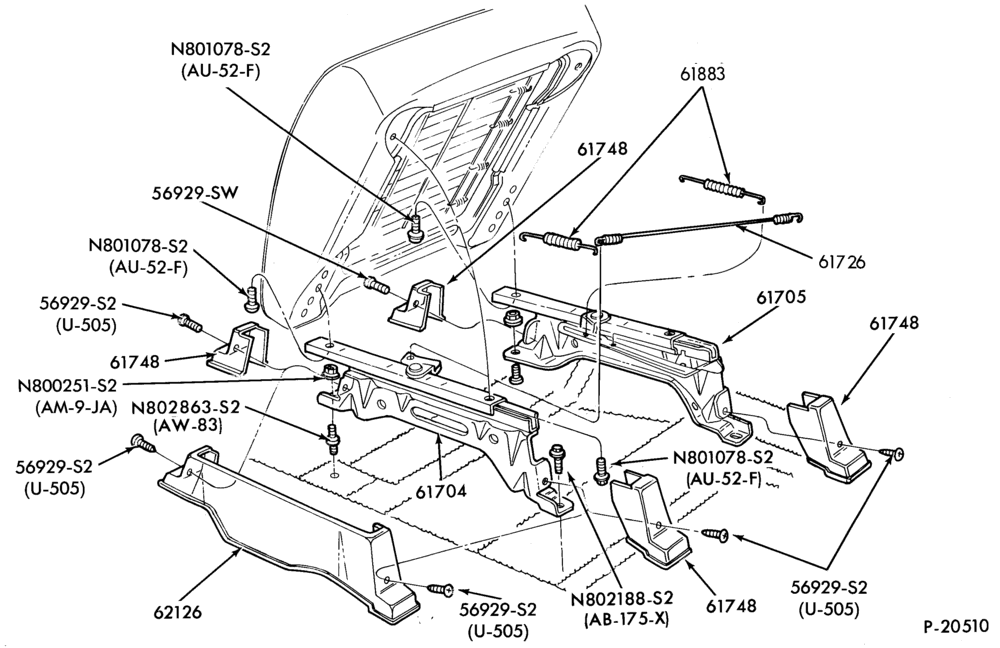 Схема SEATS AND SEAT BELTS-Front seat parts - bucket - lower half - body types 58, 61 and 74