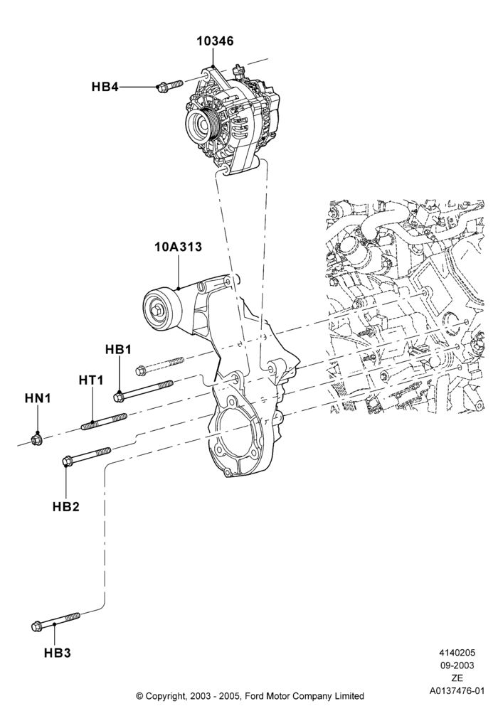 Схема Генератор и крепление, 3.9L OHV EFI NA V6 GAS; 22.09.2003–12.05.2004