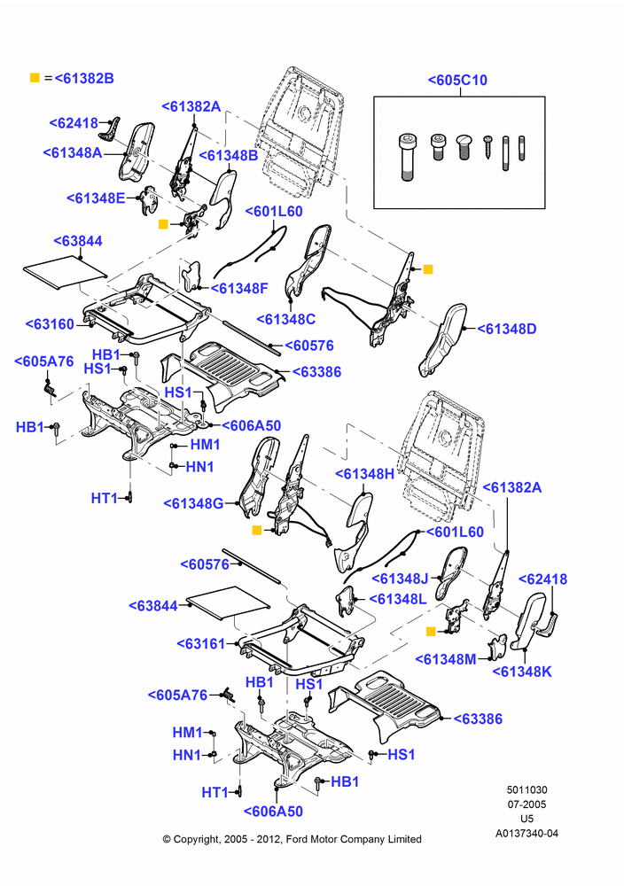 Схема Основание заднего сиденья, 2nd Row Low Back Bucket Seats; 19.07.2005–16.12.2010