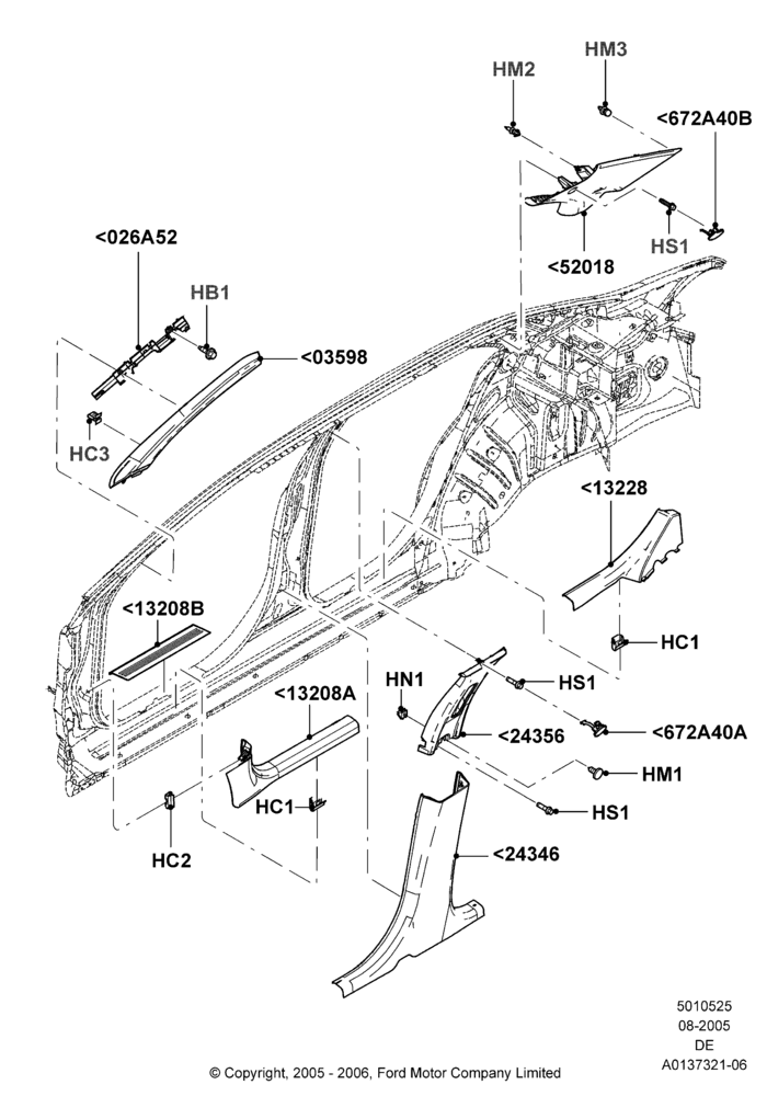 Схема Боковая отделка, Ford And Mercury Derivative, Less Air Curtain Restraint; 01.08.2005–04.02.2009