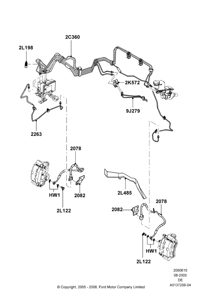Схема Передние тормозные трубки, 4 Wheel Anti-Lock Braking System; 01.08.2005–04.02.2009