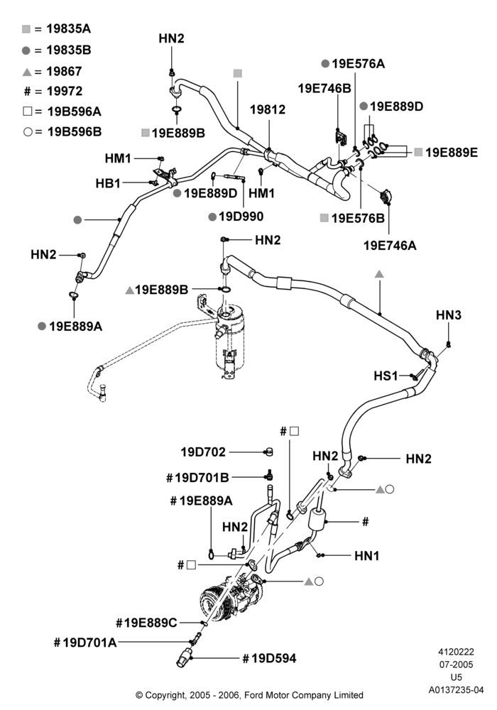 Схема Система кондиционирования, 4.0L V6 12V SOHC EFI, Less Aux Overhead Heater And A/C; 19.07.2005–16.12.2010