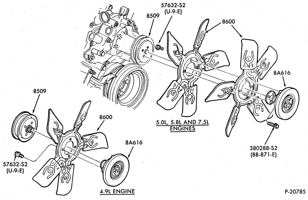 Схема COOLING FAN, CLUTCH AND RELATED PARTS-COOLING FAN, CLUTCH AND RELATED PARTS- 6 cyl. 300 (4.9L), 8 cyl. 302 (5.0L) & 351W (5.8L)-U150