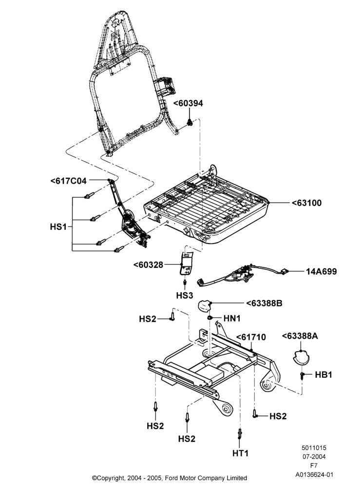 Схема Основание переднего сиденья, Less Fr Seat Integrated Restraints, With 40/20/40 Split Bench Frnt Seat, With Captain Chair Front Seats, With Pass 6 Way Power Seat Adjuster; 19.07.2004–16.05.2005