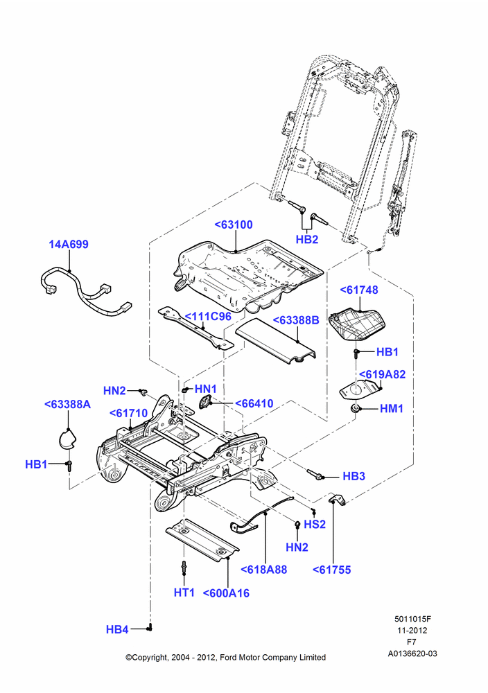 Схема Основание переднего сиденья, With 40/20/40 Split Bench Frnt Seat, With Captain Chair Front Seats, With Driver 6 Way Pwr.Seat Adjuster, With Fr Seat Integrated Restraints; 19.07.2004–16.05.2005