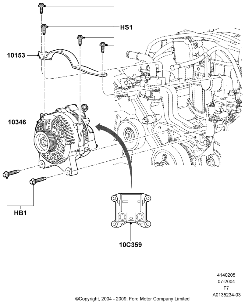 Схема Генератор и крепление, 5.4L 3V V8, 6.8L Gas EFI V10; 19.07.2004–12.02.2010