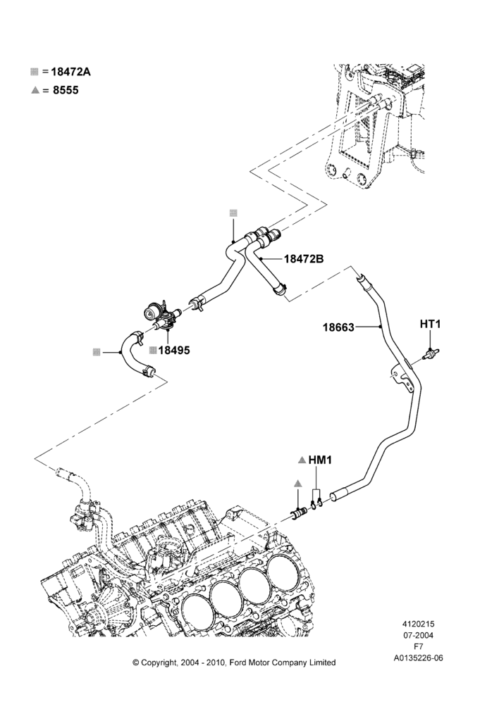 Схема Шланги отопителя, 5.4L 3V V8, With High Ambient Temp/Speed Pack; 19.07.2004–18.12.2006