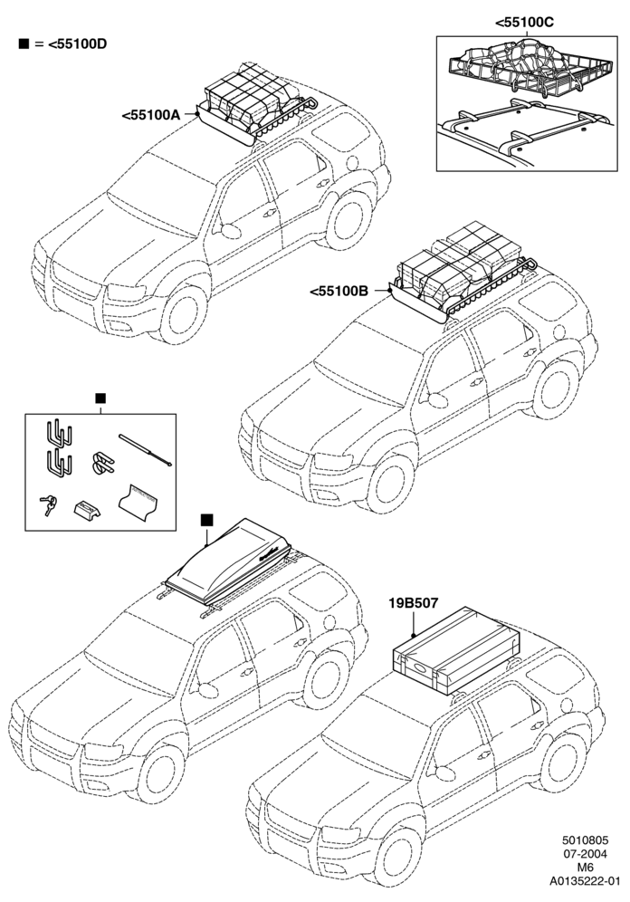 Схема Багажники на крышу, Accessory, Luggage Cargo Basket, Load Warrior, Load Warrior Extension, Sport Rack Cargo Box; 26.07.2004–02.05.2005