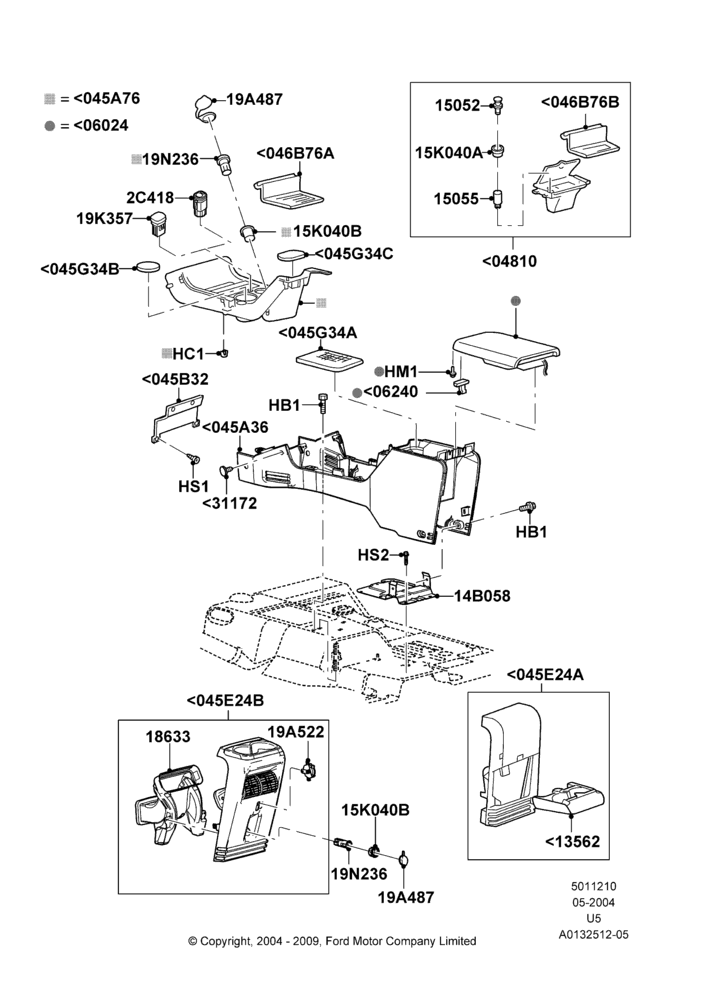 Схема Консоль напольная, All LHD Territories, Front Floor Console; 01.05.2004–19.07.2005