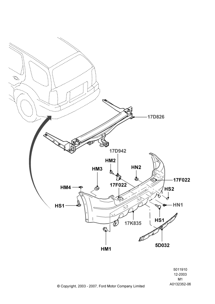 Схема Задний бампер, (+) North American Markets, Ford Series, No Boundaries Roof Luggage Rack; 22.12.2003–01.05.2006