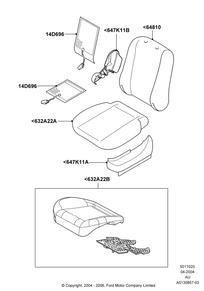 Схема Подушки и обогрев передних сидений, 3 Door, 5 Door Sedan, With Drivers Heated Seat, With Heated Passenger Seat; 05.04.2004–27.08.2007
