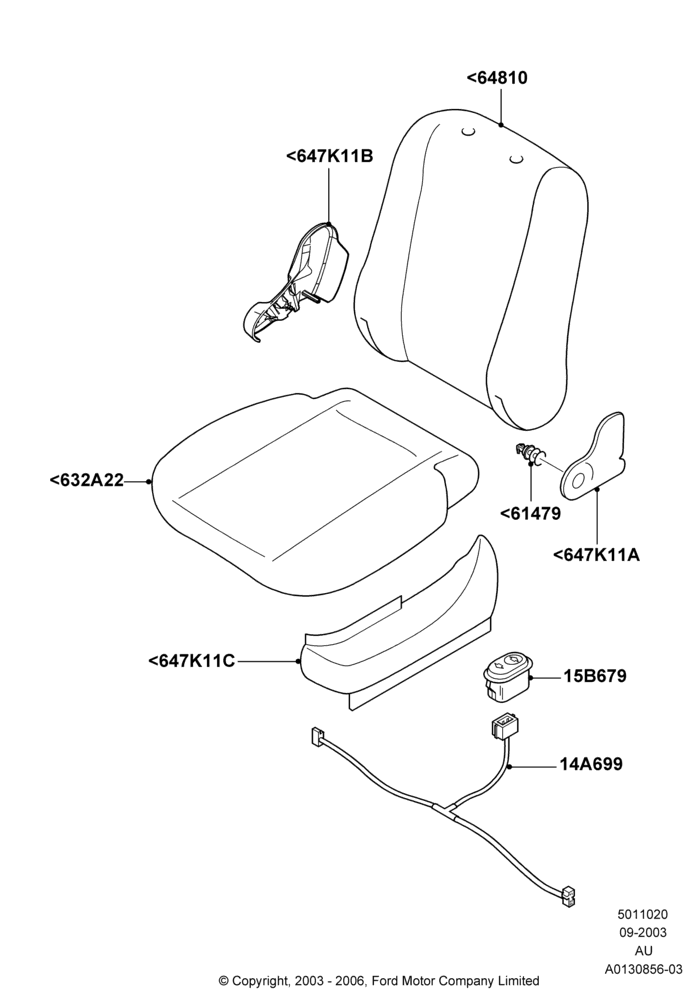 Схема Подушки и обогрев передних сидений, 3 Door, 5 Door Sedan, Less Temp Control Driver Seat, Less Temp Control Passenger Seat, SVT Package; 04.09.2003–05.04.2004