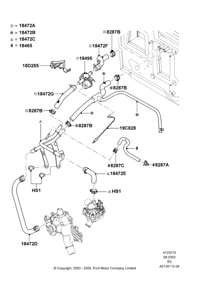 Схема Шланги отопителя, 4.0L V6 12V SOHC EFI; 04.08.2003–16.12.2011