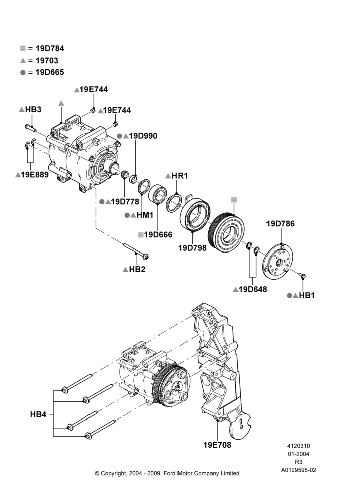 Схема Конденсатор и компрессор кондиционера, 2.3L 4V NA I4 Petrol, With Air Conditioning, Compressor Assy; 04.08.2003–16.12.2011
