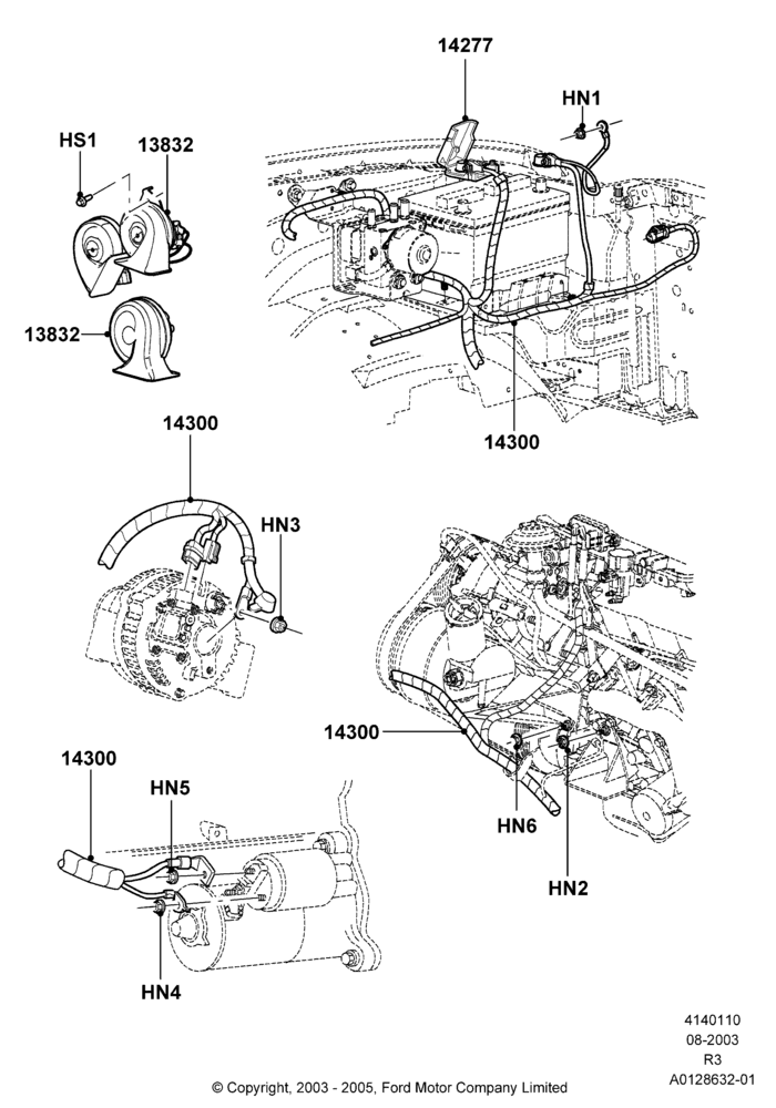 Схема Провода АКБ и звуковой сигнал, 3.0 V6 12V OHV EFI; 04.08.2003–18.08.2008