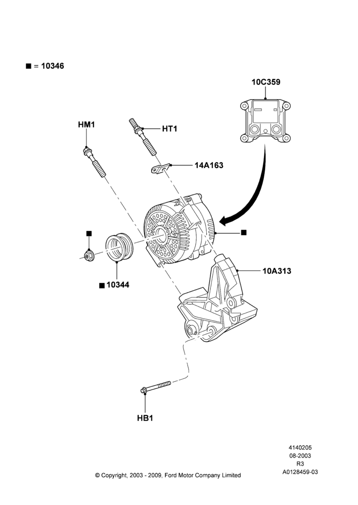 Схема Генератор и крепление, 4.0L V6 12V SOHC EFI; 04.08.2003–16.12.2011