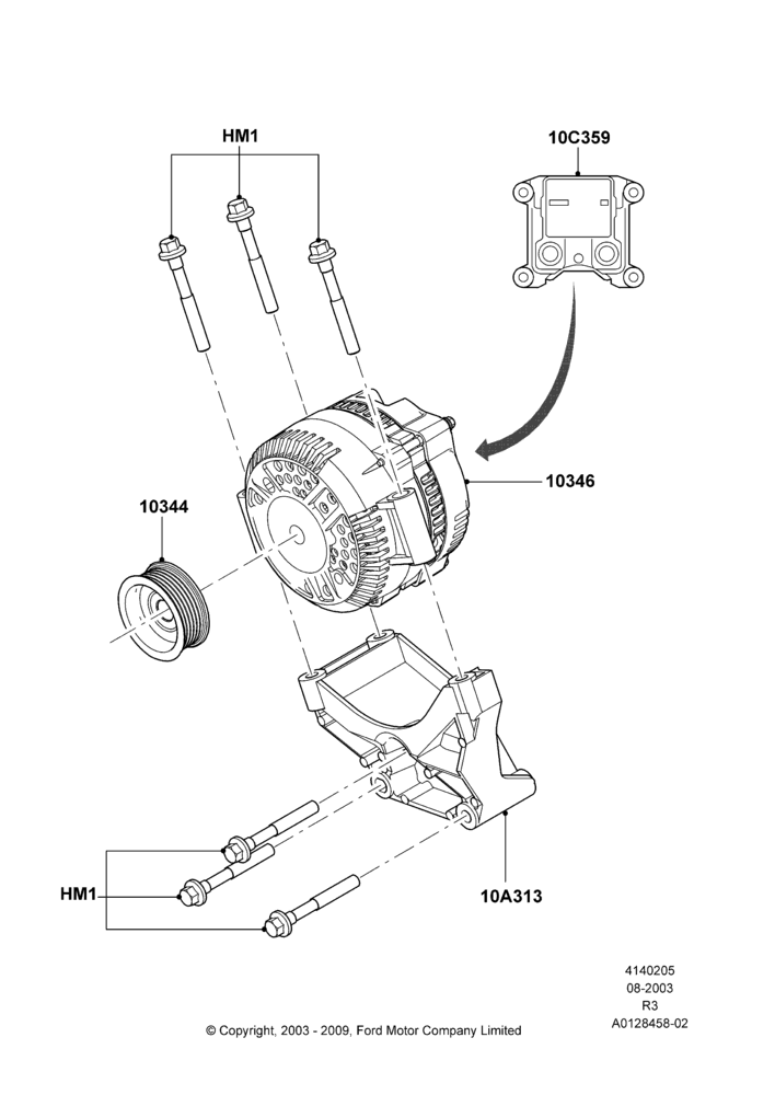 Схема Генератор и крепление, 3.0 V6 12V OHV EFI; 04.08.2003–16.12.2011