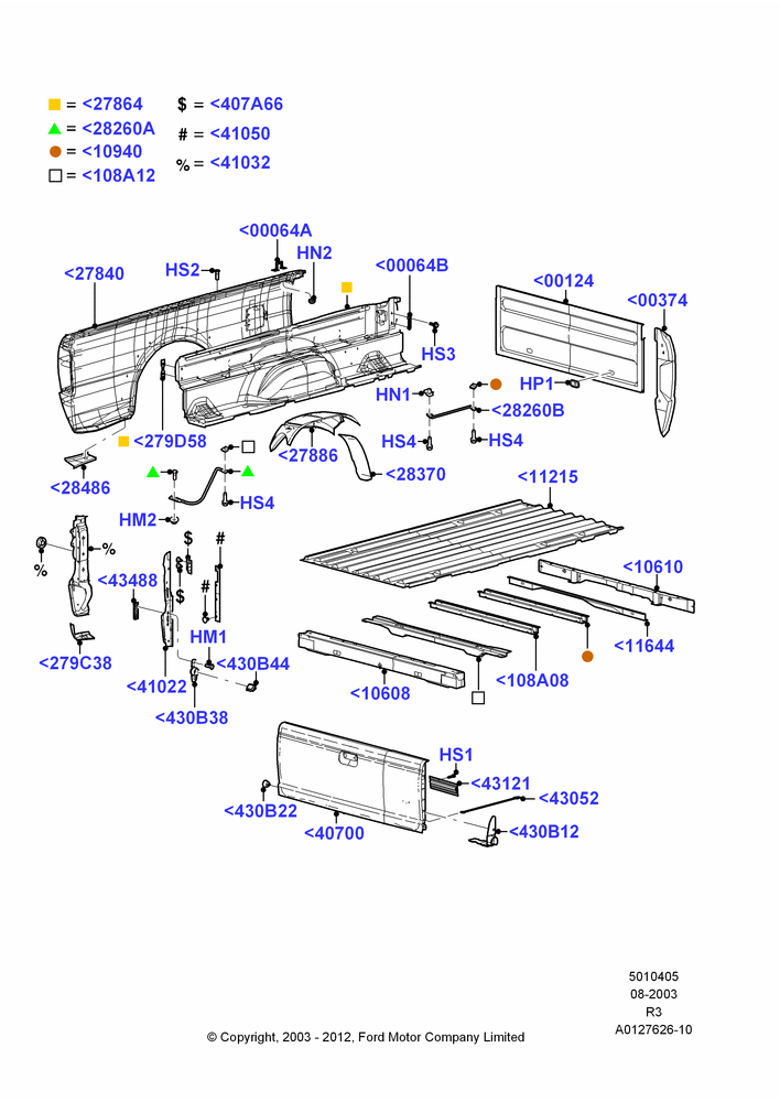 Схема Кузов пикапа и тент, Styleside Box - STL Inner/Outer, With 7' Box; 04.08.2003–16.12.2011