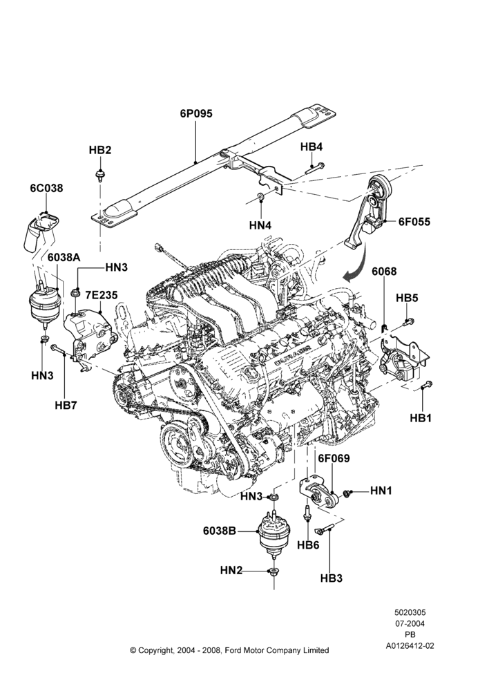 Схема Опоры двигателя, 3.0 V6 24V DOHC EFI Modular; 12.07.2004–04.06.2007