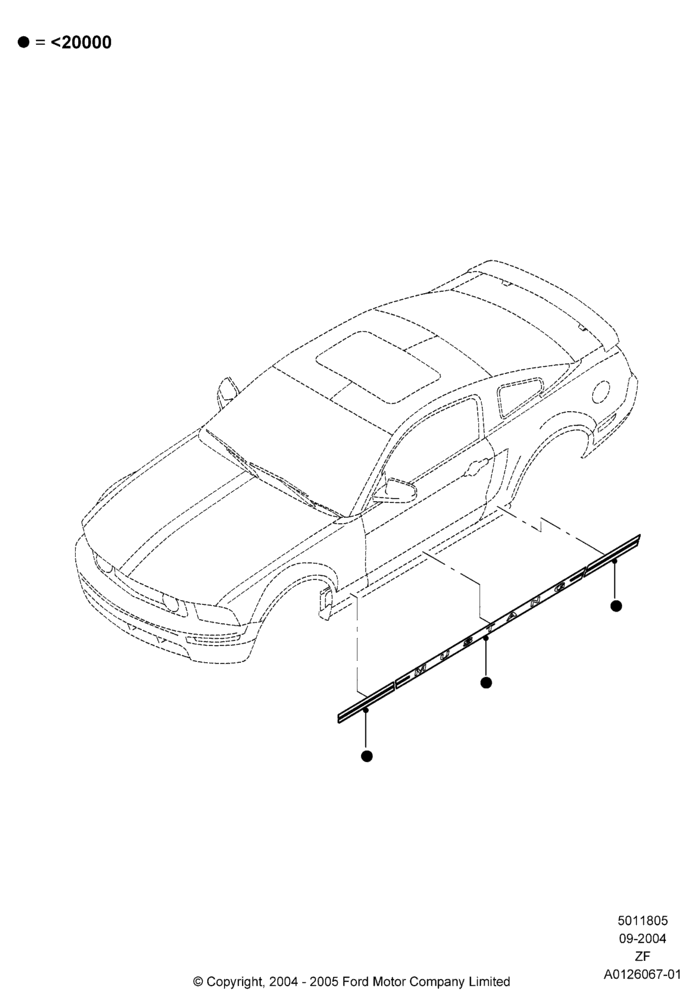Схема Декоративные наклейки, Bodyside Accent Stripe - Base V6, Production Installed; 07.09.2004–26.02.2009