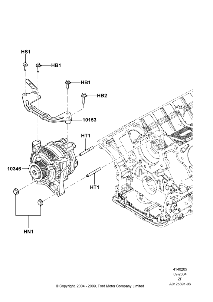 Схема Генератор и крепление, 4.6L 3v V8 SOHC EFI; 07.09.2004–22.03.2010