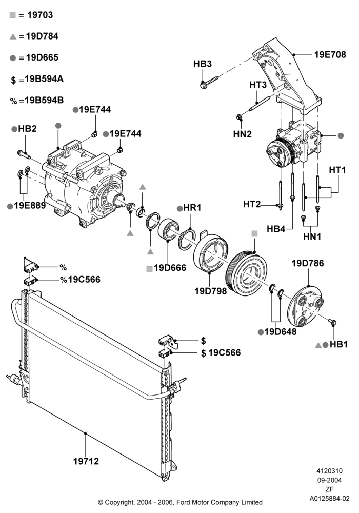 Схема Конденсатор и компрессор кондиционера, 4.0L V6 12V SOHC EFI; 07.09.2004–26.02.2009