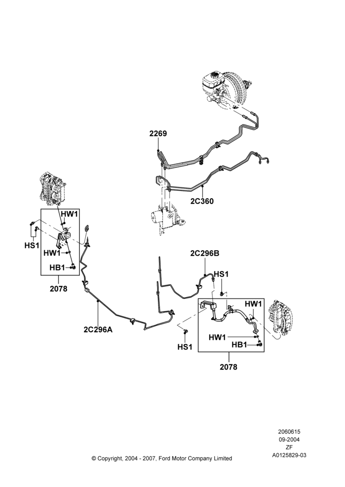 Схема Передние тормозные трубки, 4 Wheel Anti-Lock Braking System; 07.09.2004–26.02.2009