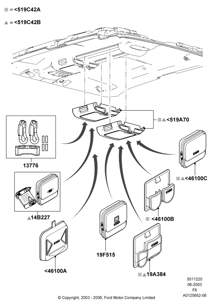 Схема Консоль потолочная, Crew Cab, Ford 150 Series, Standard Ovrhed Console & With Rail, Super Cab, Accessory; 02.06.2003–18.07.2008