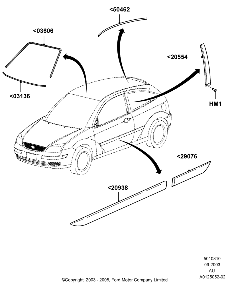 Схема Молдинги кузова, 3 Door, Less SVT Package; 04.09.2003–05.04.2004