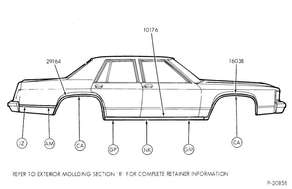 Схема ROCKER PANEL AND WHEEL LIP MOULDINGS - BODY TYPES 54 AND 74