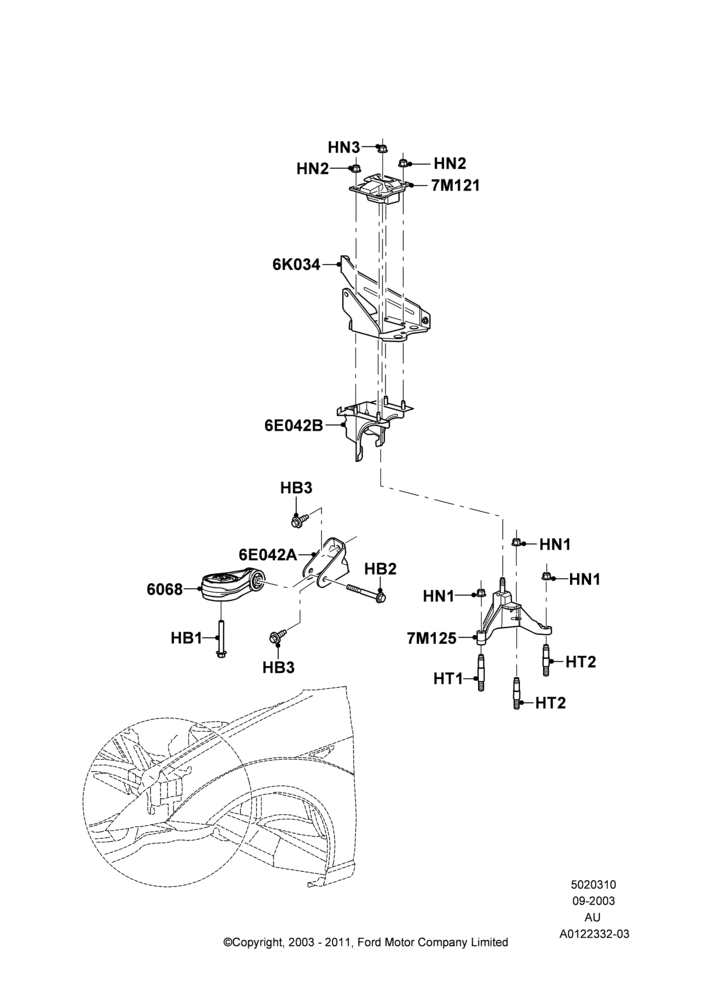 Схема Опоры КПП, 4-Speed Automatic Transaxle - 4F27E, All 2.0 Gas Engines, 2.3L Duratec-HE (145PS) - MI4; 04.09.2003–27.08.2007