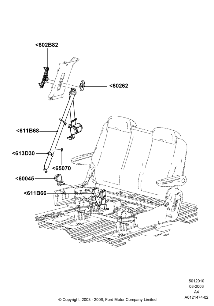 Схема Задние ремни безопасности, 2nd Row Bench Seat - 2 Passenger; 25.08.2003–02.01.2007