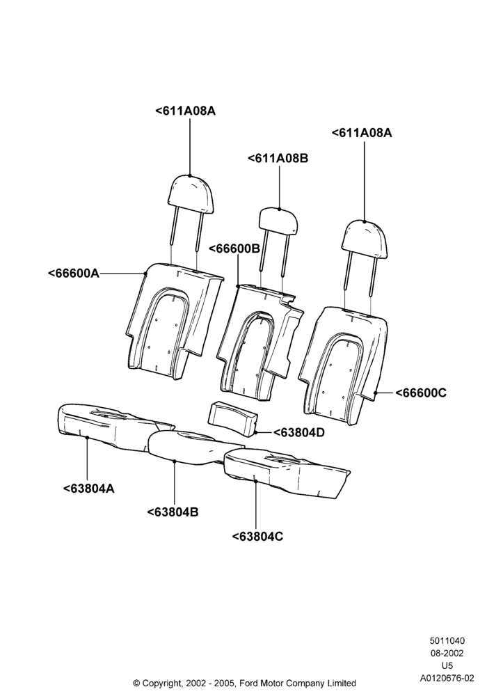 Схема Rear Seat Covers, Lincoln/Mercury Series, US MARKETS, With All Second Row 40-20-40 Seats; 19.08.2002–19.07.2005