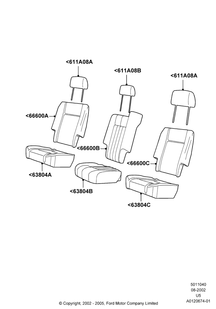 Схема Rear Seat Covers, Ford Series, With All Second Row 40-20-40 Seats; 19.08.2002–19.07.2005
