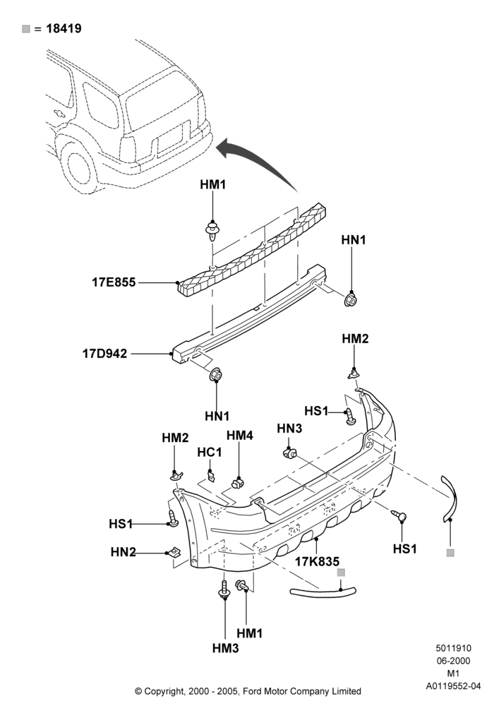 Схема Задний бампер, (+) North American Markets, Less No Boundaries Roof Lugg Rack; 12.06.2000–22.12.2003