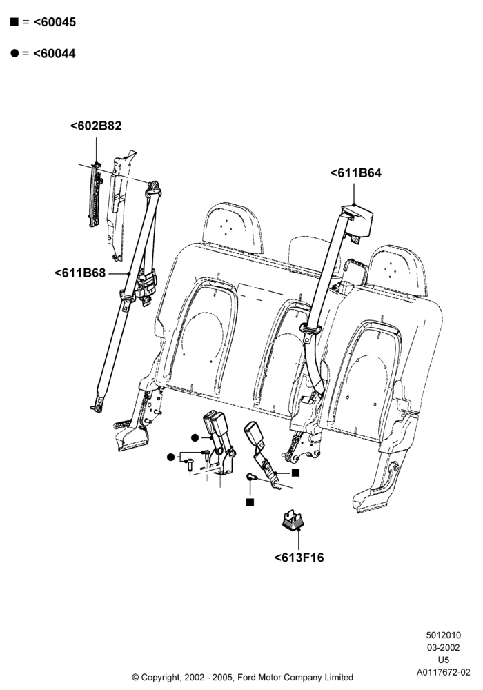 Схема Задние ремни безопасности, Less 3rd Row Rear Seat; 19.08.2002–04.08.2003